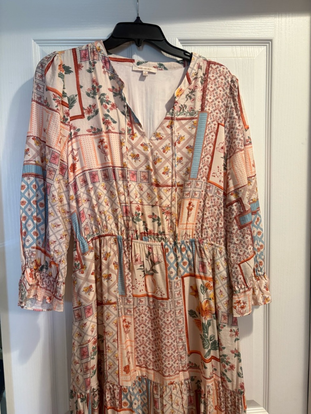 Boutique Boho Patchwork Floral Midi Dress 3/4 length sleeve